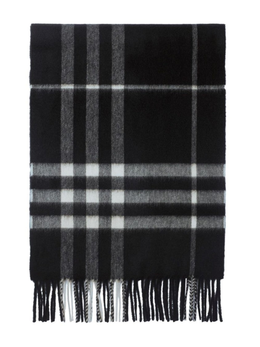 Burberry Black Check Cashmere Fringed Ends Scarf