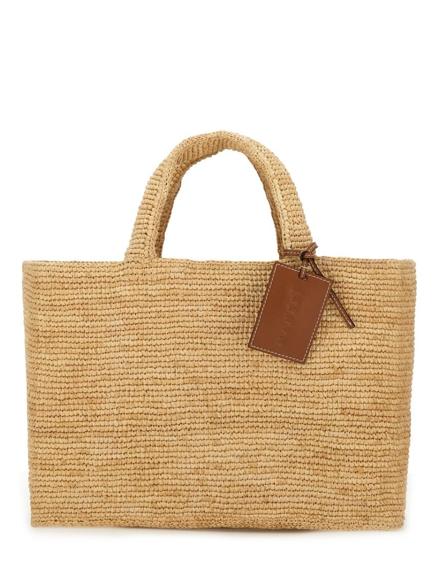 Manebi Sunset Woven Raffia Leather Tag Tote Bag