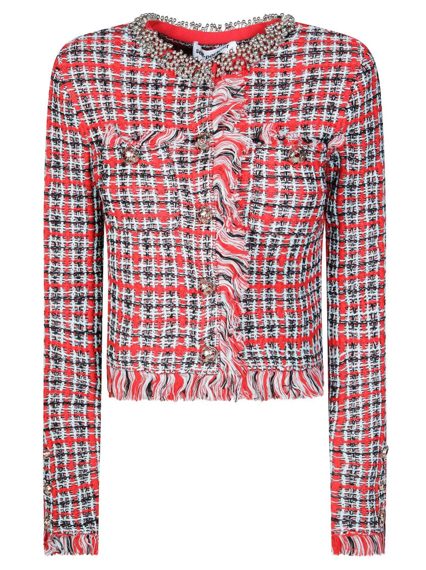 Self-Portrait Red Check Frayed Edge Cropped Jacket