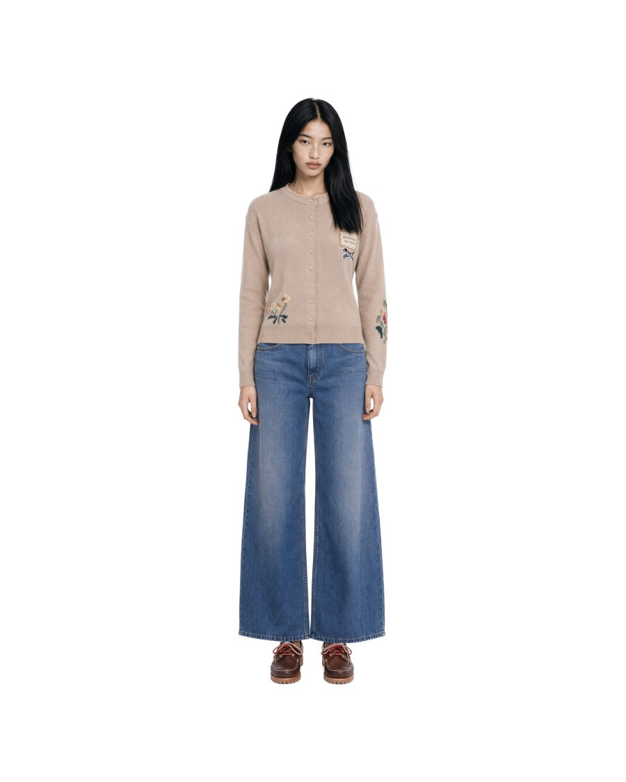 Max Mara Beige Floral Embroidered Knitted Button Cardigan