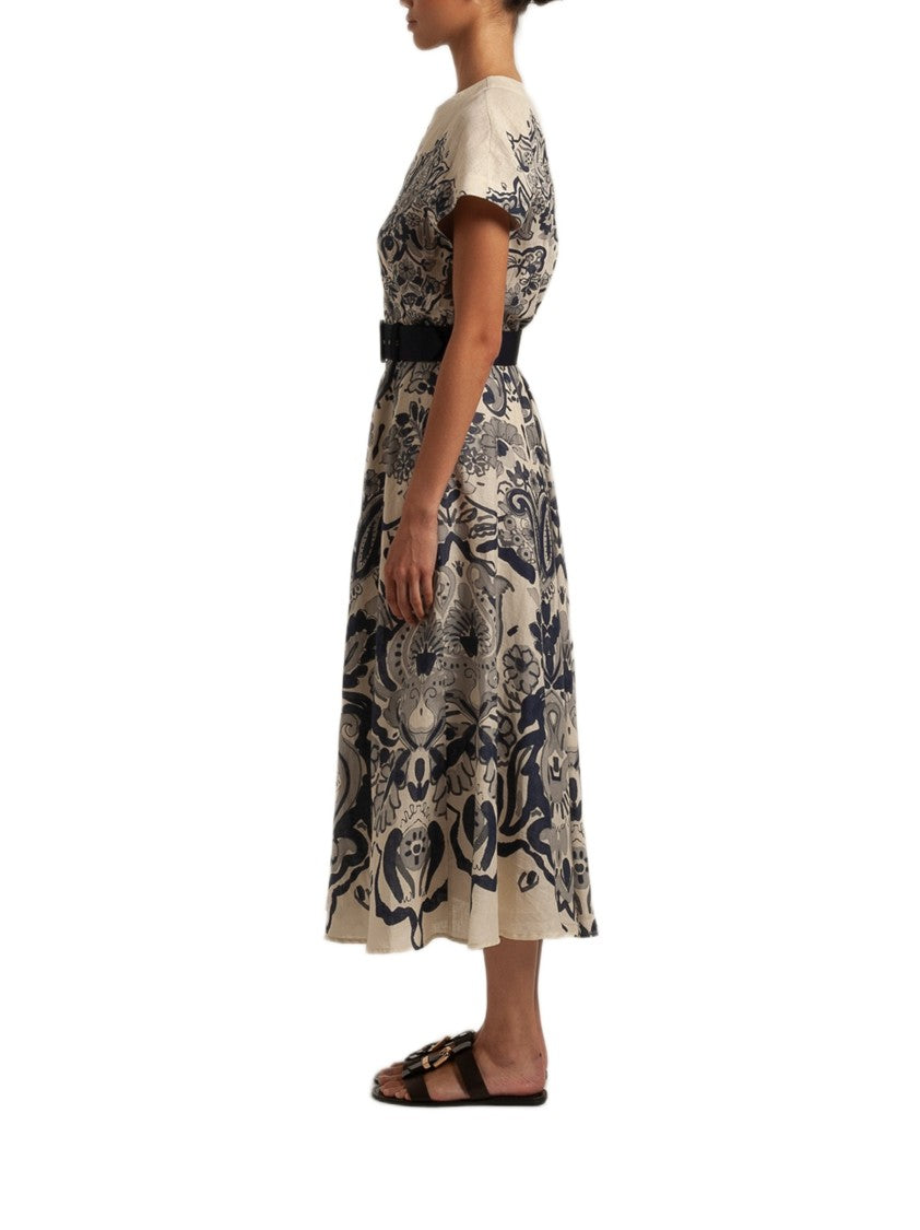 Sara Roka Navy Blue Damask Print Midi Dress With Batwing Sleeves