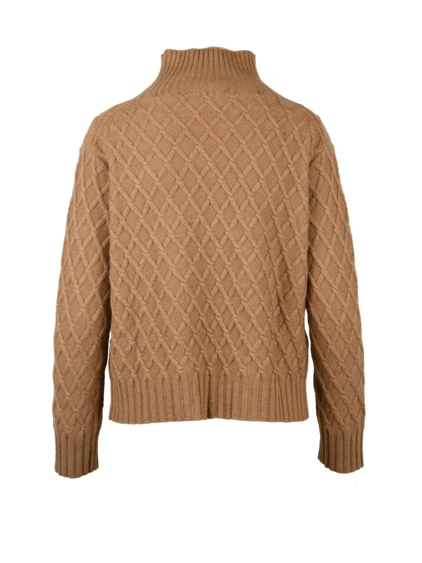 Max Mara Textured Diamond Knit Turtleneck Sweater In Luxurious Camel
