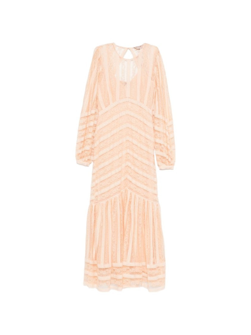 Twin-Set Pink Striped Lace Ruffle Hem Maxi Dress