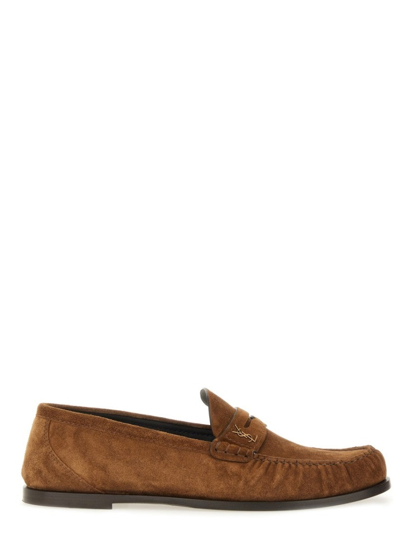 Saint Laurent Penny Loafers In Soft Calf Suede With Metallic Logo
