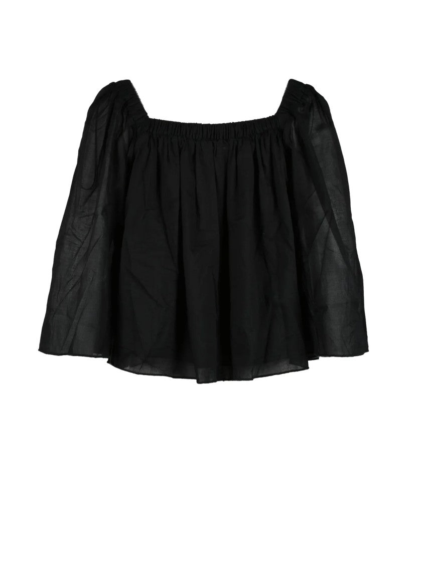 La Fabrique Black Gathered Neckline Flowy Cotton Blouse