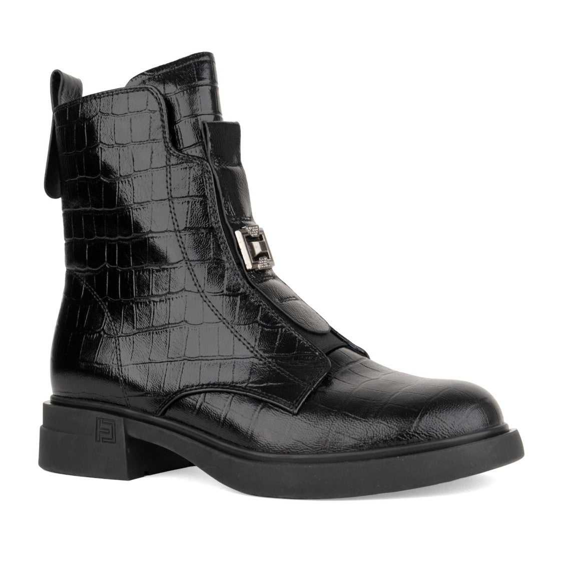 Linda Baumann Black Crocodile Texture Metallic Buckle Patent Leather Boots
