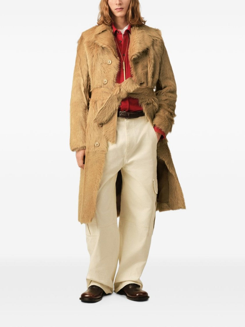 Ami Paris Double-Breasted Camel Coat With Textured Fur-Like Fabric