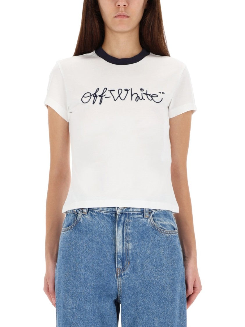 Off-White Cropped T-Shirt With Embroidered Logo