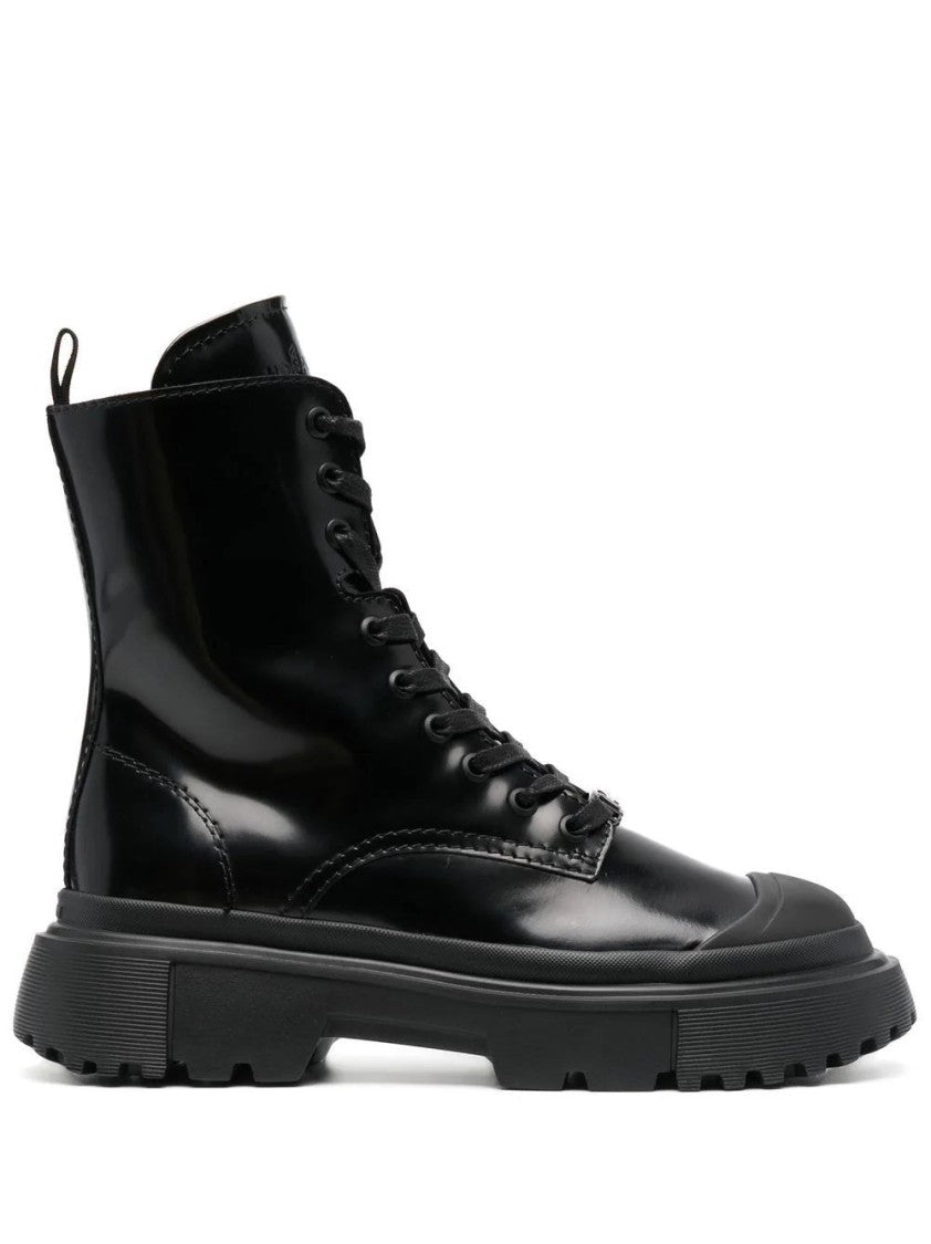 Hogan Glossy Black Ankle Boots With Lace-Up Front And Chunky Sole