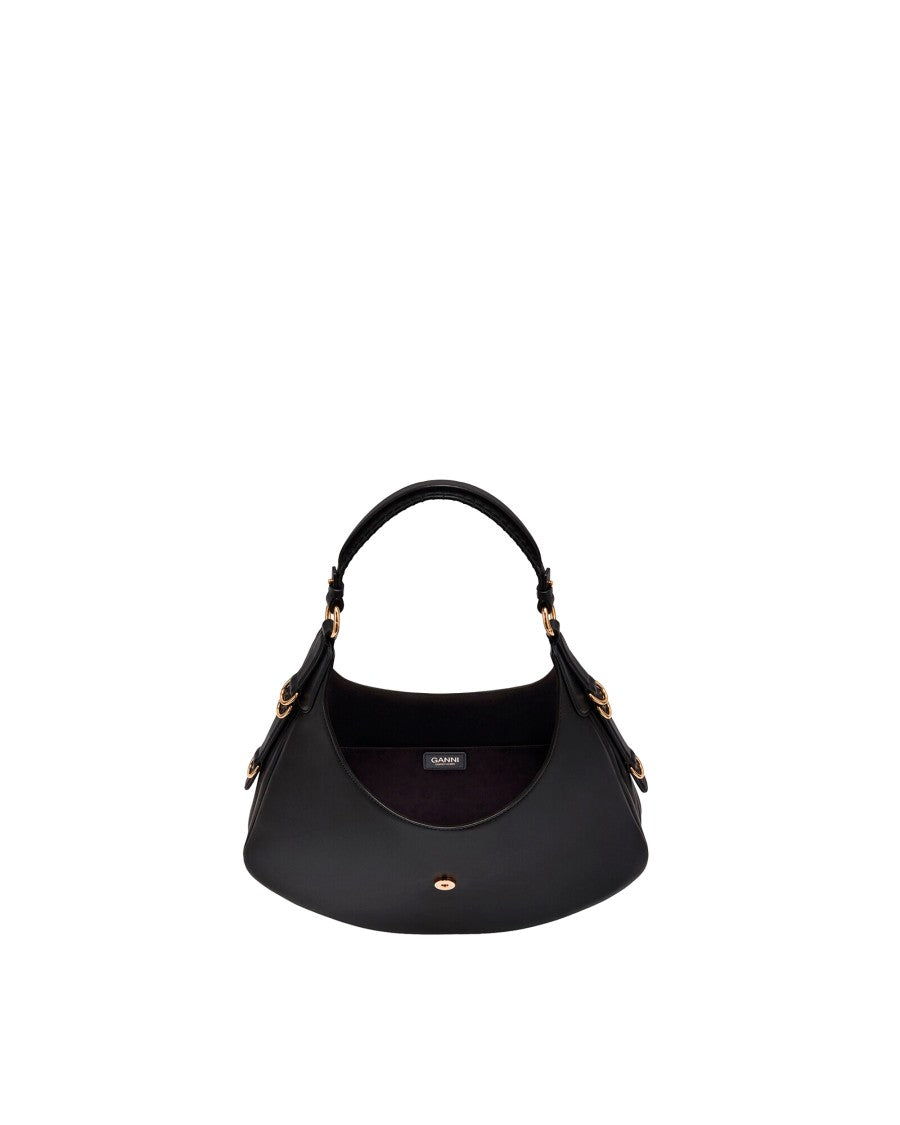 Ganni Pleated Black Handbag With D-Ring Details And Logo Buckle