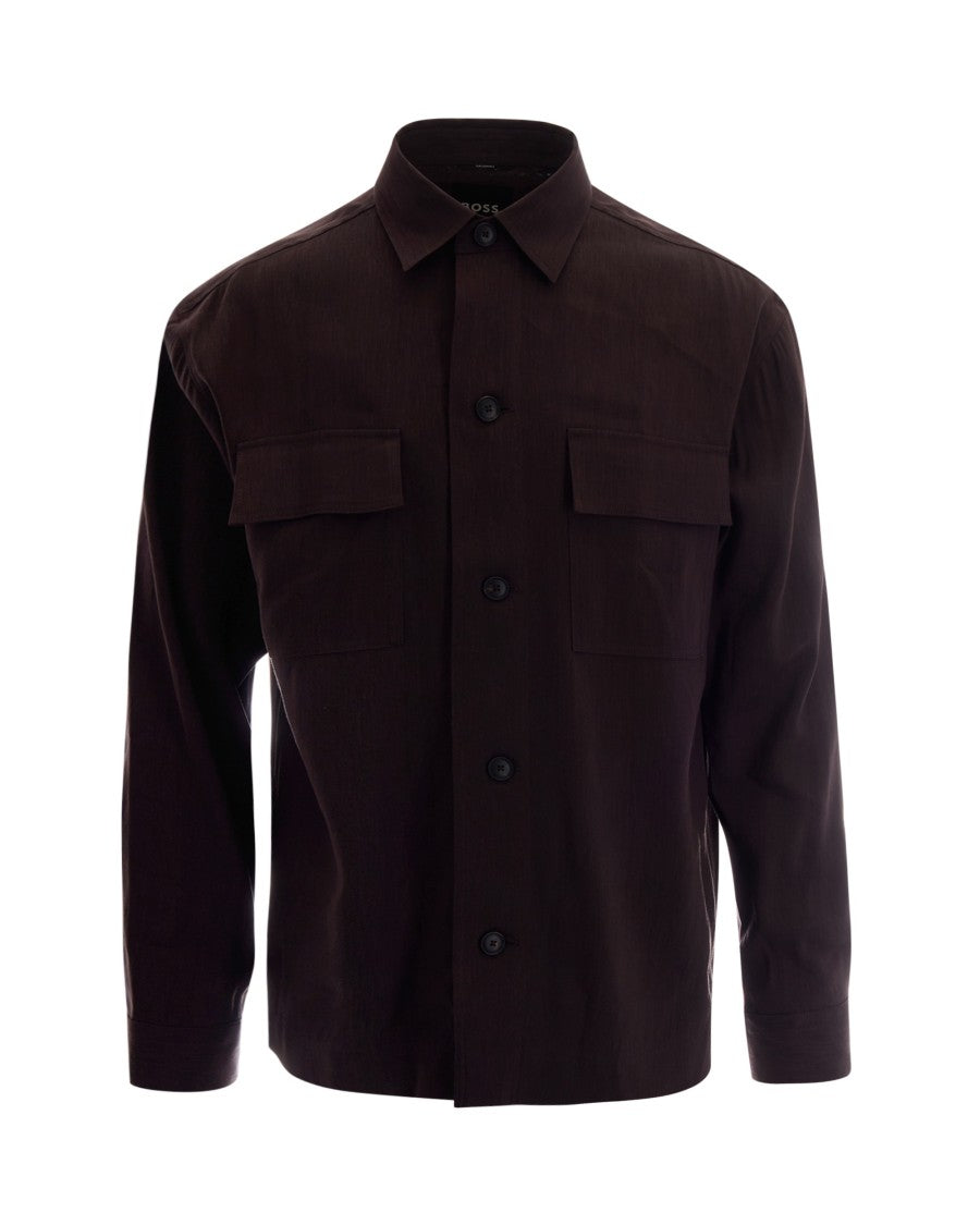 Boss Dark Brown Sahariana-Style Shirt With Classic Collar And Flap Pockets