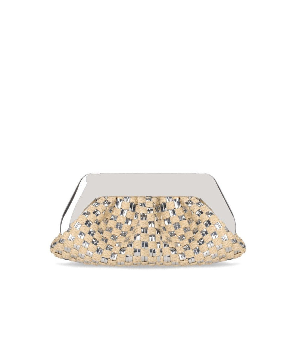 Themoirè Emera Micro Weaved Straw Laminated Silver Clutch Bag