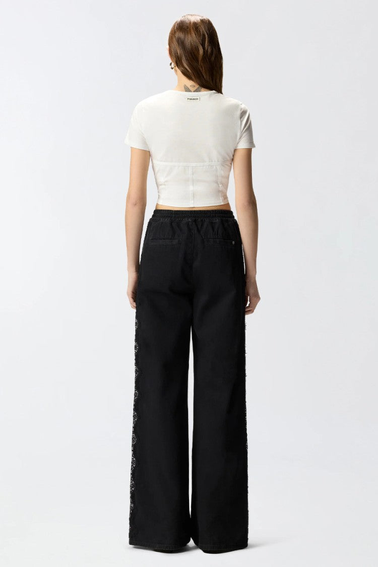 Pinko Black Palco Wide-Leg Lace Side Panels Cotton Pants