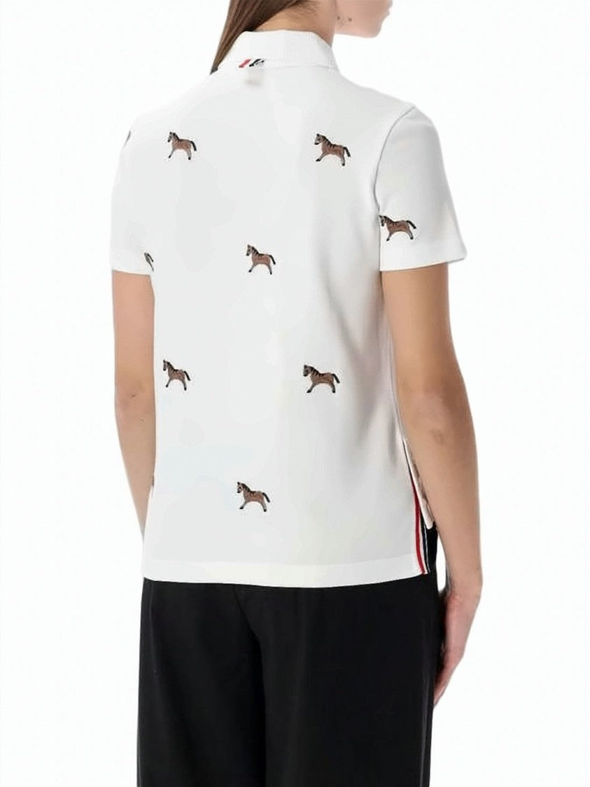 Thom Browne Embroidered Horse Motif Piqué Polo Shirt