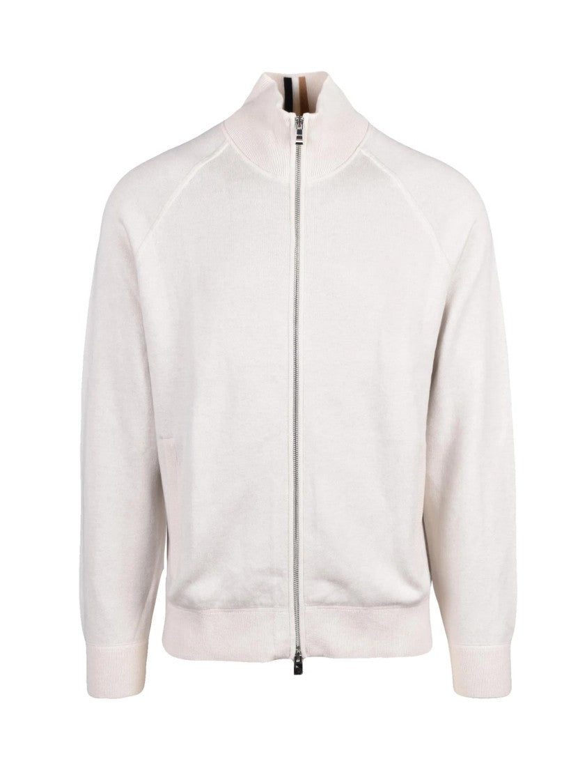 Boss White Cotton-Blend High-Collar Zip Cardigan