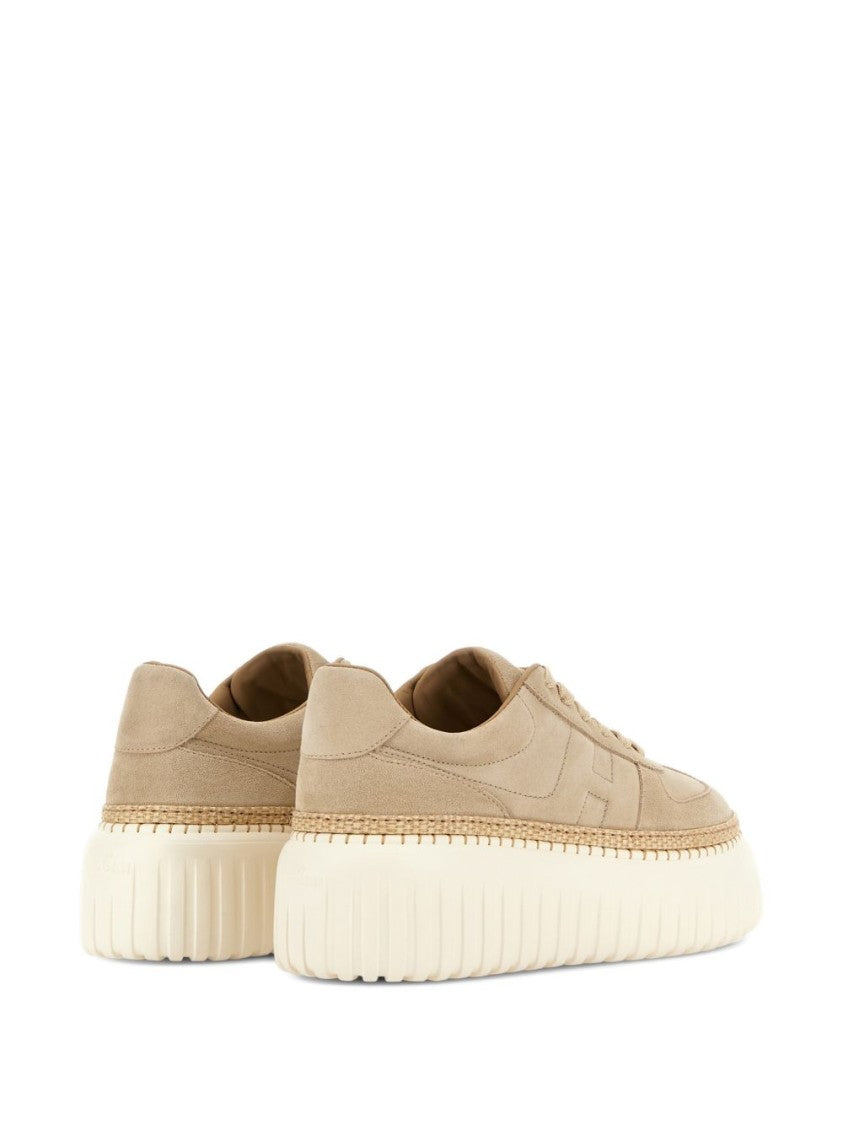 Hogan Beige Suede Sneakers With Thick Ridged Sole And Woven Trim
