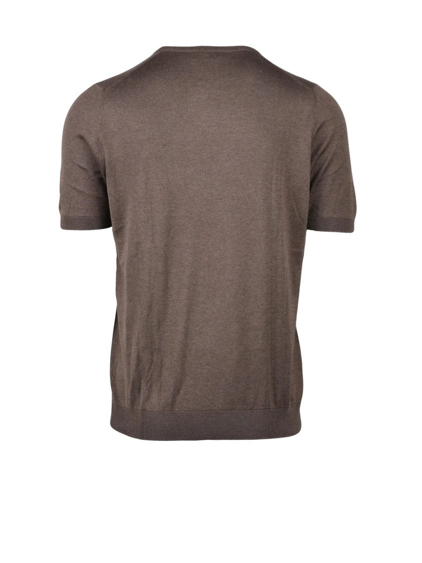 Barba Napoli Brown Silk Crew Neck Short-Sleeve Knit Top