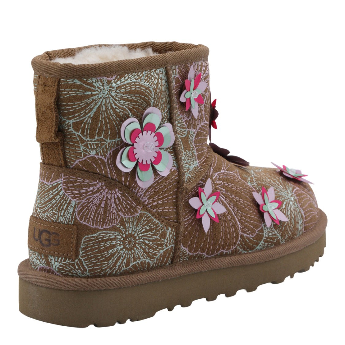 Ugg Textured Brown Ankle Boots With Floral Appliqués