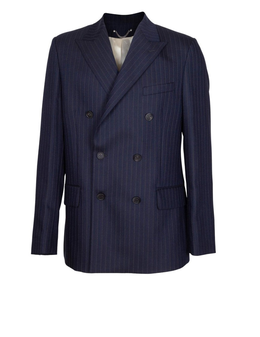 Golden Goose Blue Journey Double-Breasted Pinstriped Wool Jacket