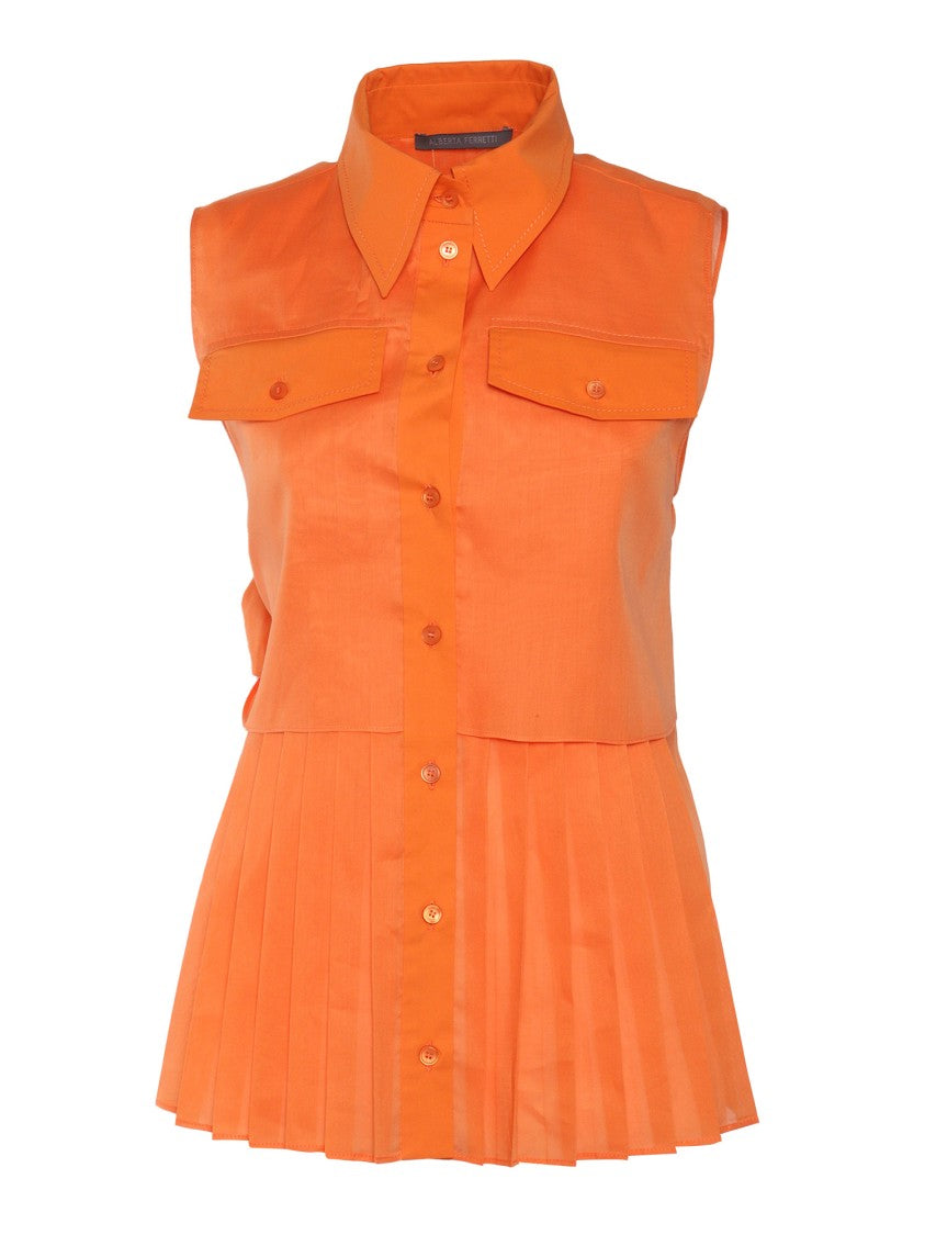 Alberta Ferretti Pleated Orange Cotton Top With Bow Detail