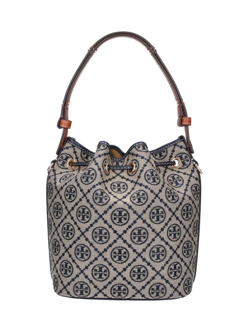 Tory Burch Blue T-Monogram Canvas Drawstring Bucket Bag