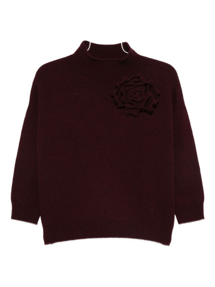 Vanisé Relaxed-Fit Burgundy Sweater With Textured Floral Applique