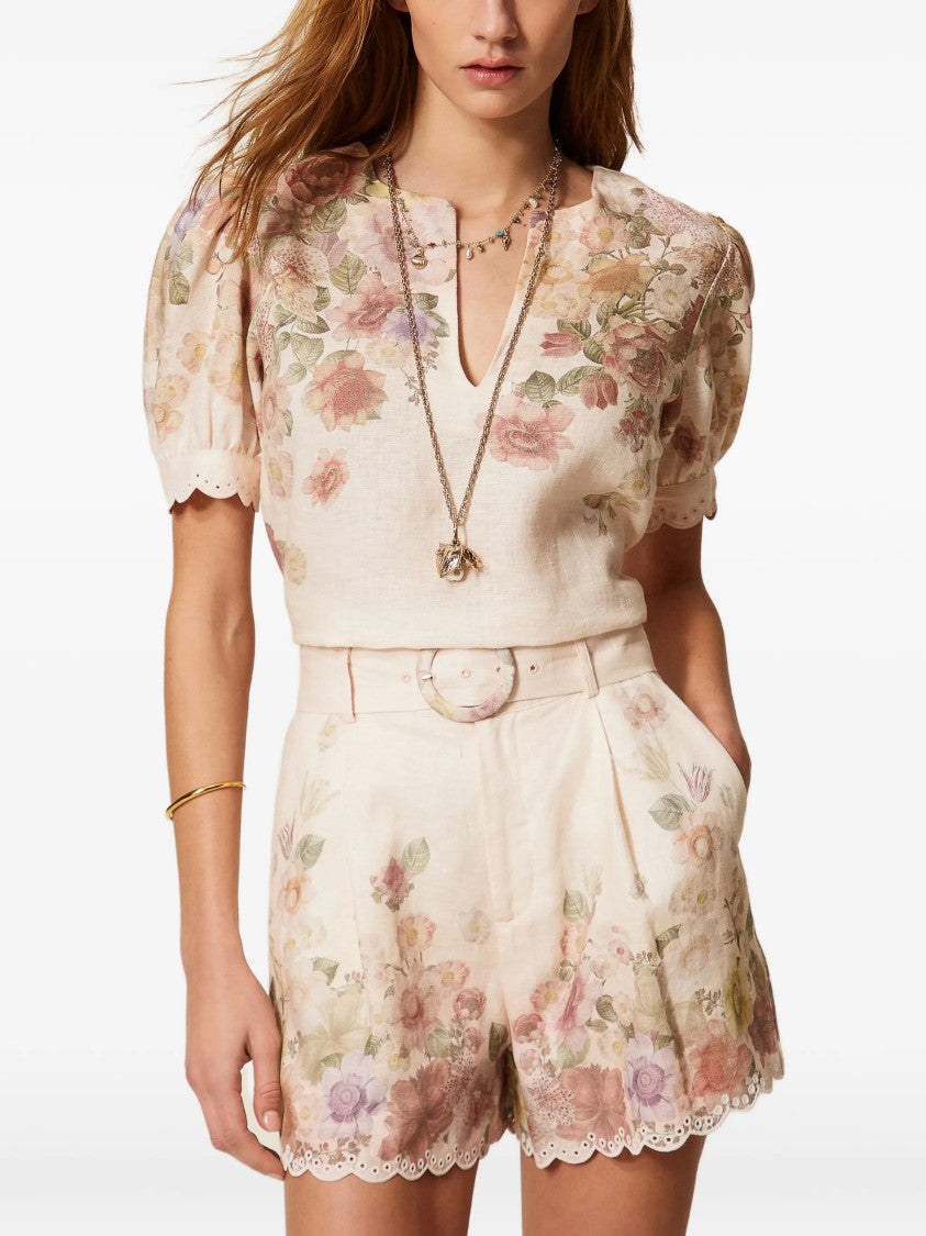 Twin-Set High-Waisted Shorts With Scalloped Edge And Floral Print