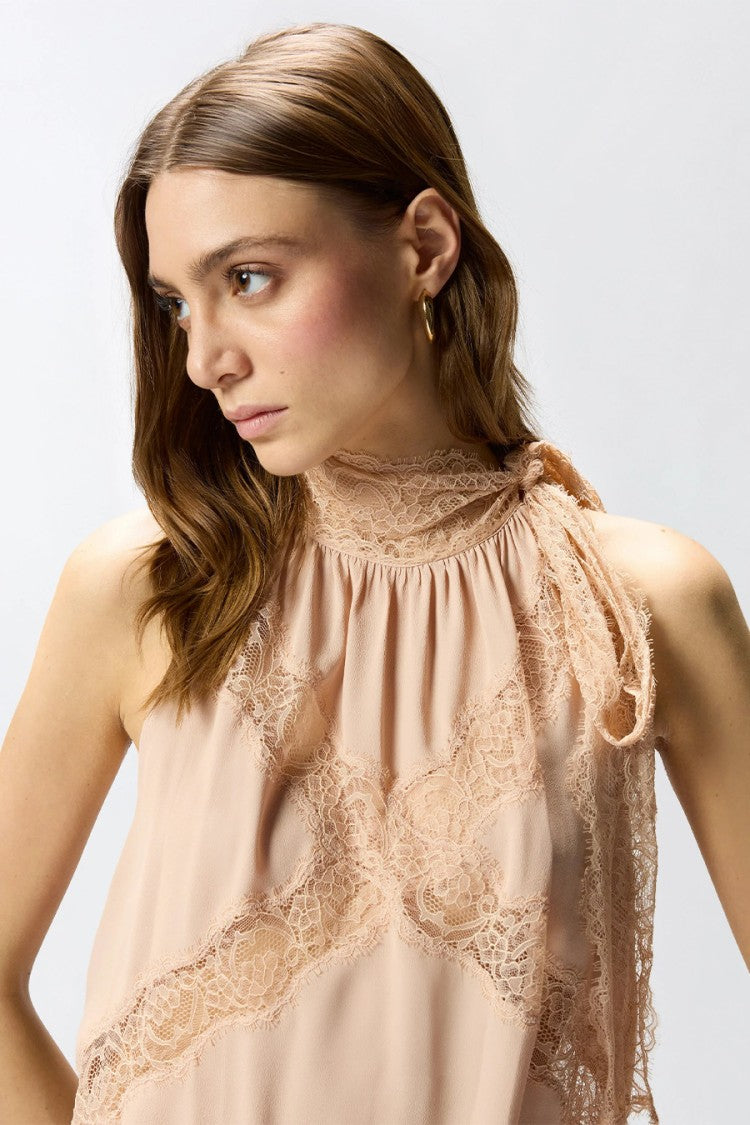 Pinko Pink Mandarancio Lace Trim Tie Waist Acetate-Silk Tank Top