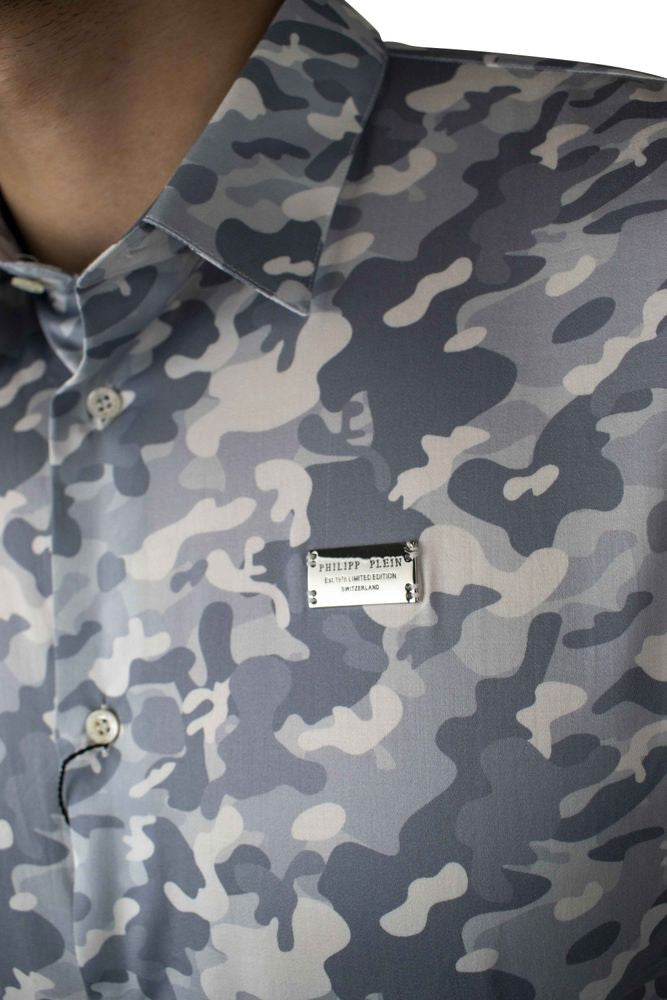 Philipp Plein Grey Military Camouflage Shirt With Mother-Of-Pearl Buttons