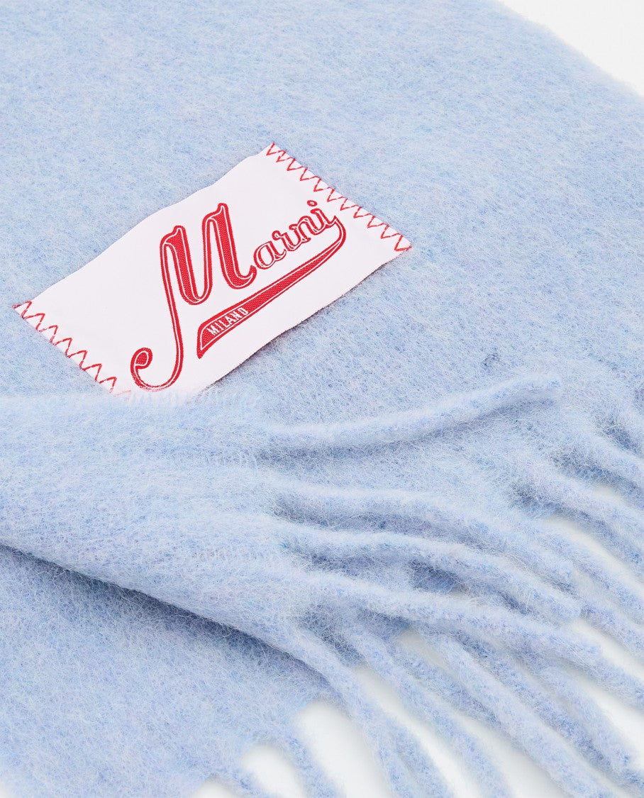 Marni Brushed Texture Light Blue Scarf With Fringed Edges