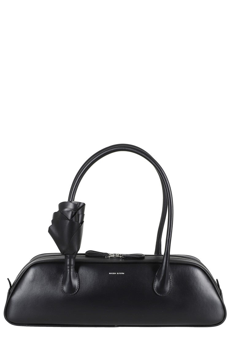 Magda Butrym Black Brigitte Trapeze Floral Applique Handle Leather Shoulder Bag