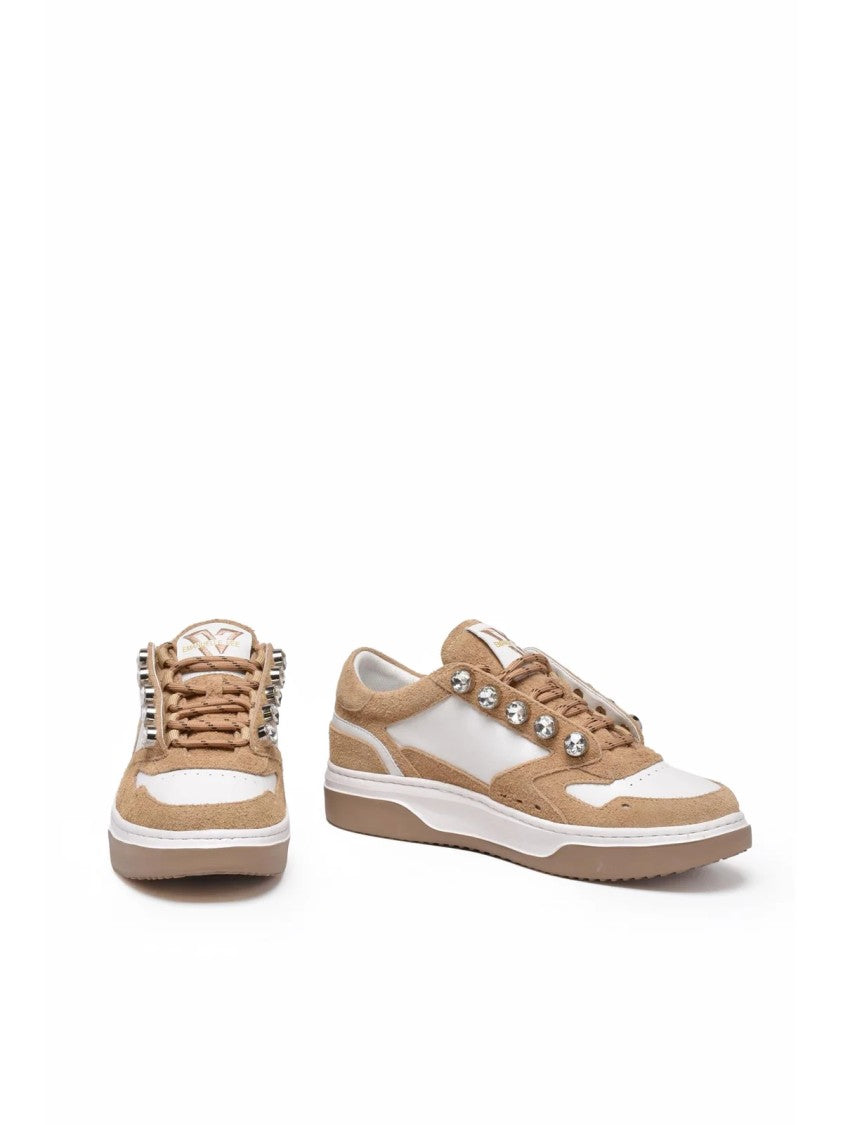 Emanuélle Vee White/Beige Suede Jewel Loop Low-Top Sneakers