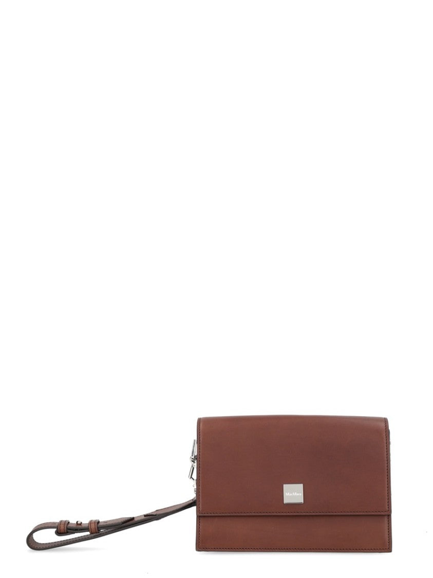 Max Mara Rectangular Brown Leather Bag With Flap Closure And Detachable Wrist Strap
