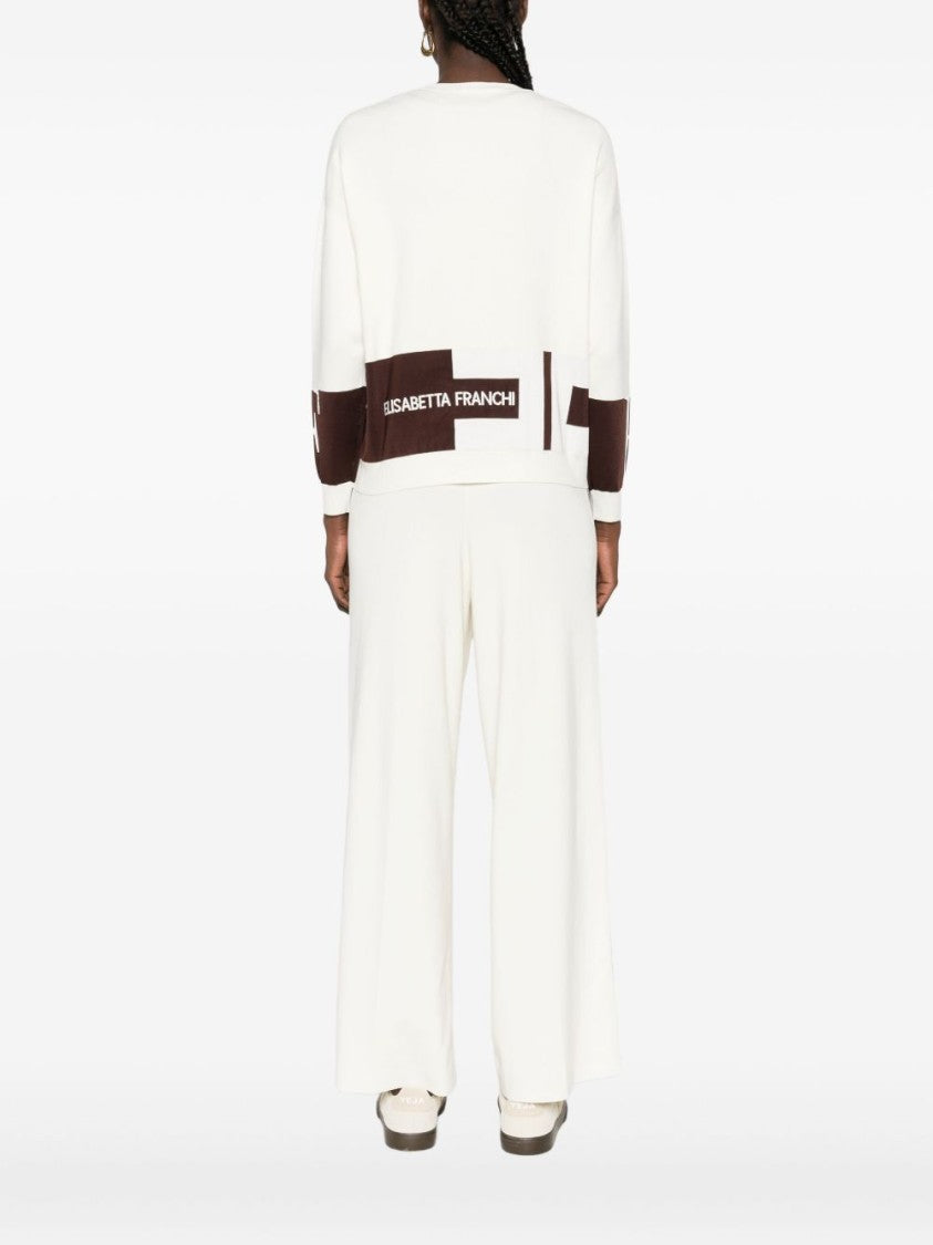 Elisabetta Franchi Lightweight White Sweater With Brown Graphic Band