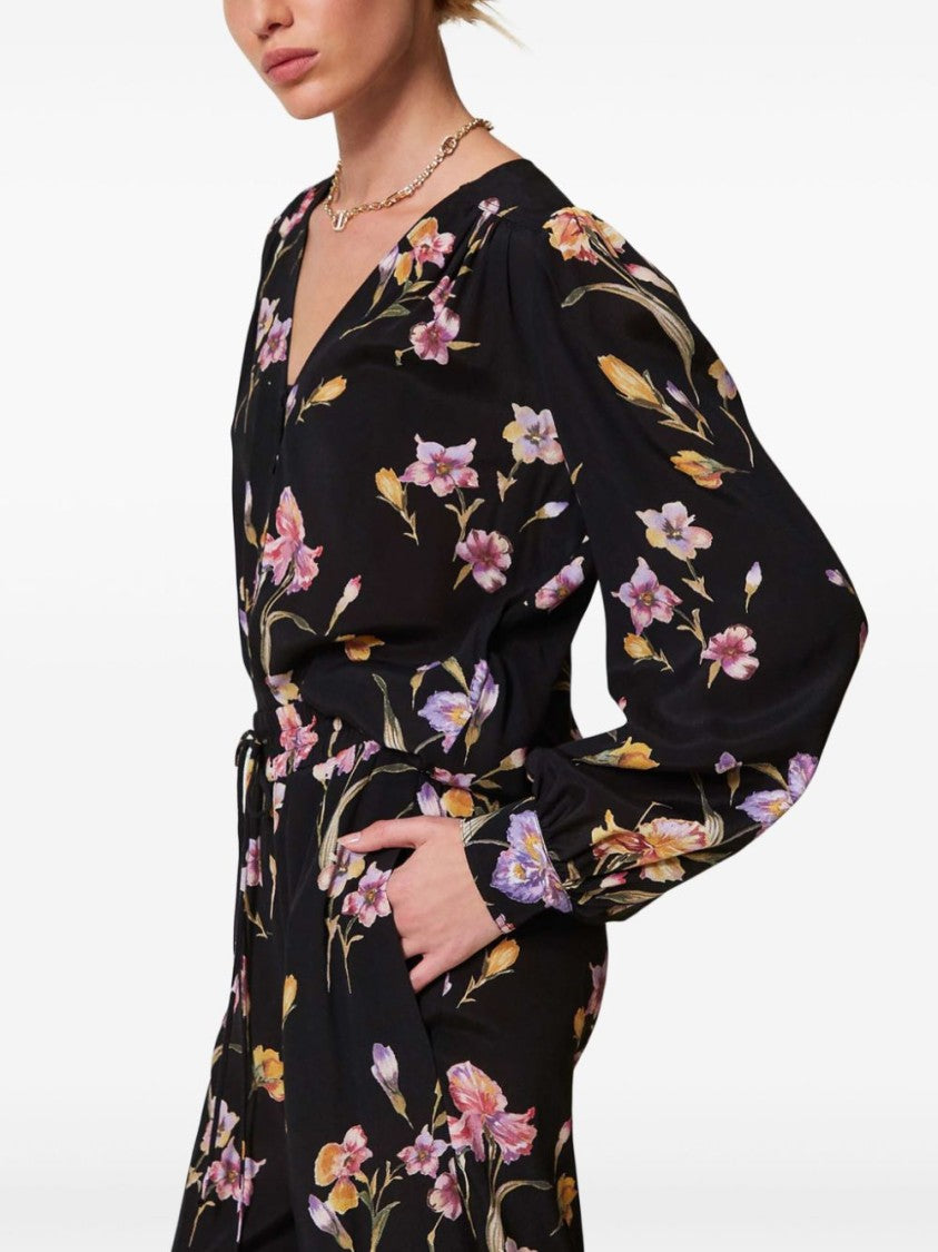 Twin-Set Floral Print Black Shirt With V-Neck