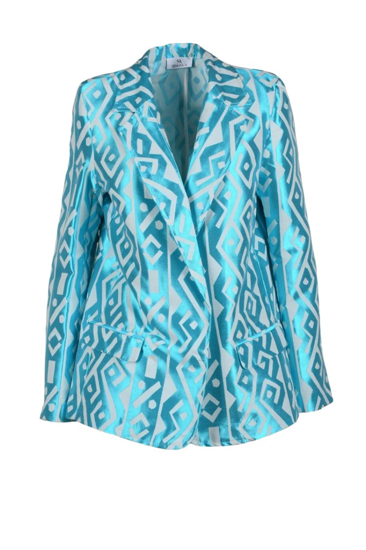 Simona.A Turquoise Geometric Polyester-Blend Jacket
