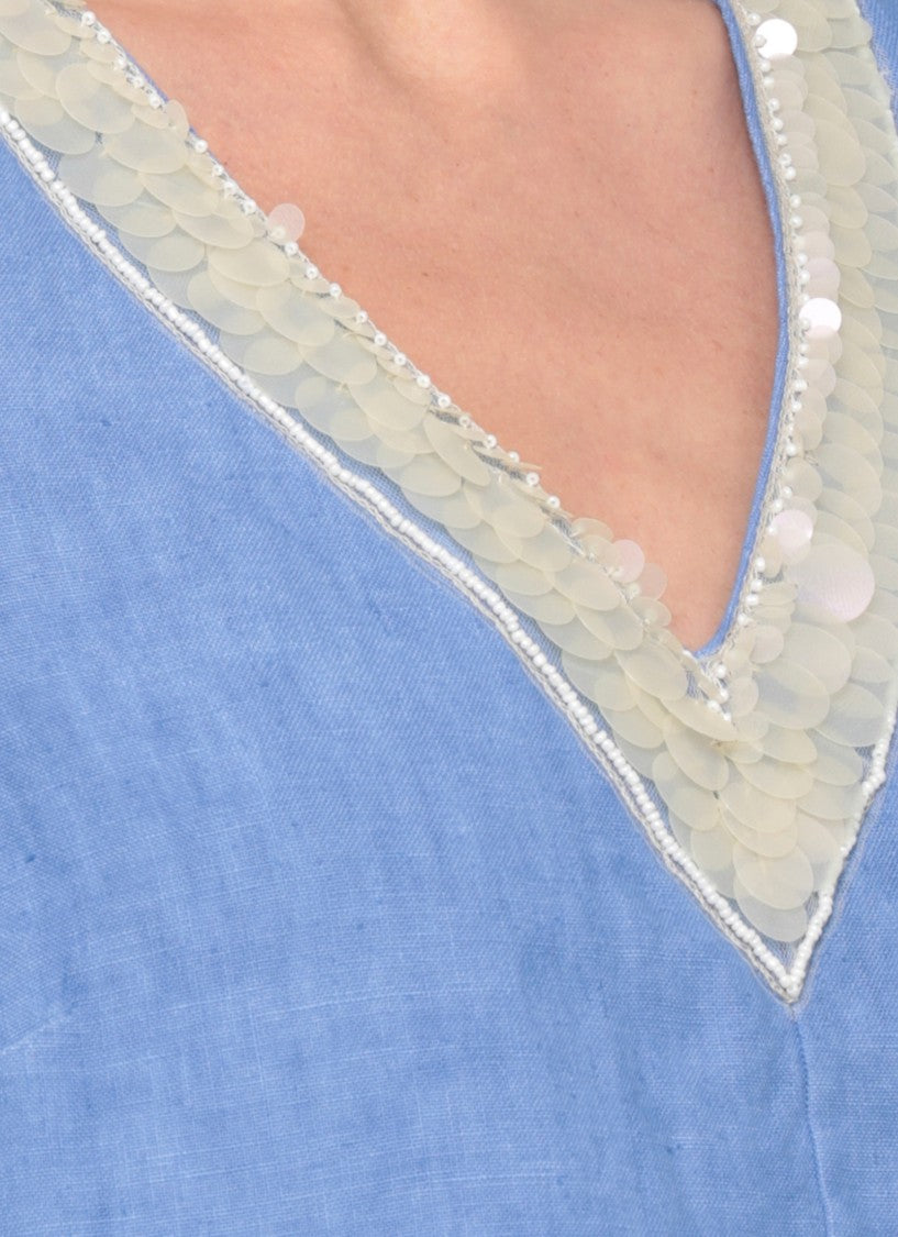 120% Lino V-Neck Linen Dress With Sequined Embellishments And Cut-Out Detail