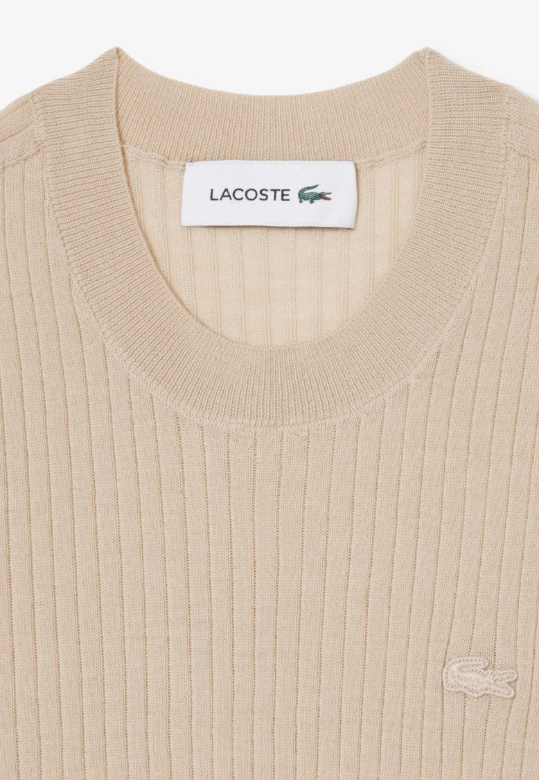 Lacoste Beige Short Sleeve Ribbed Knit Top