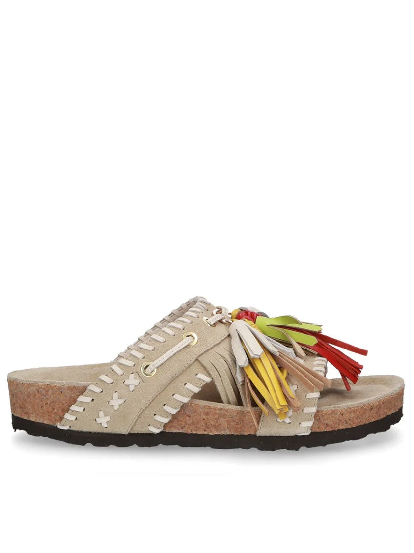 Elena Iachi Beige Suede Slipper With Multicolor Tassels