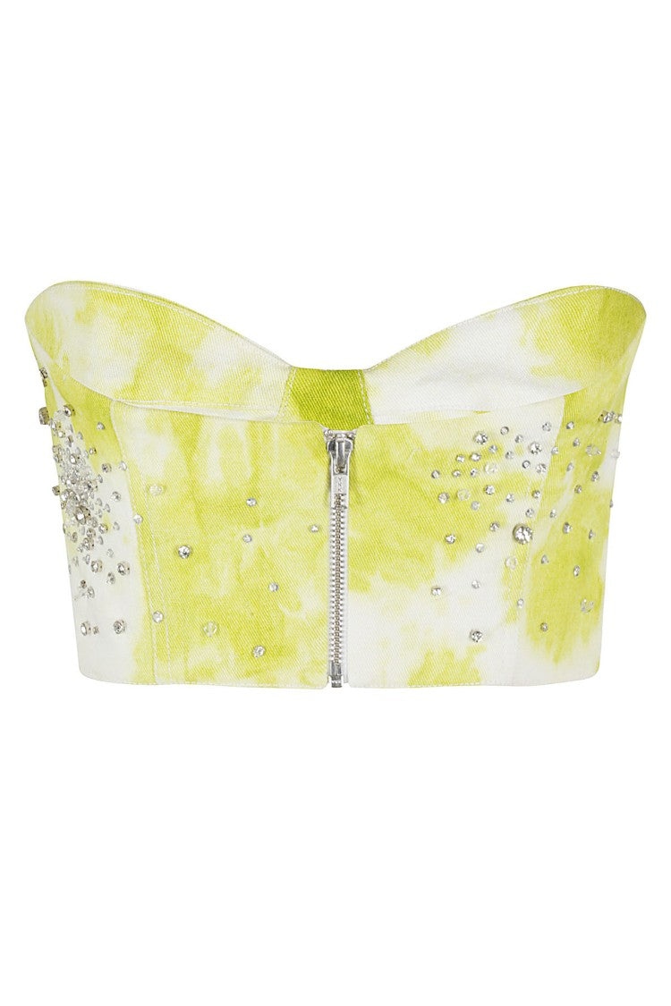 Des Phemmes Tie Dye Embroidered Denim Bustier With Sweetheart Neckline