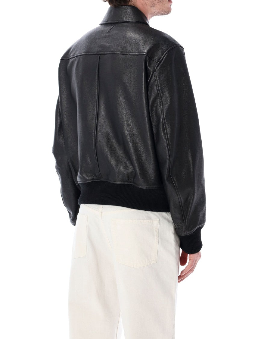 Ami Paris Smooth Leather Ribbed Accent Bomber Jacket