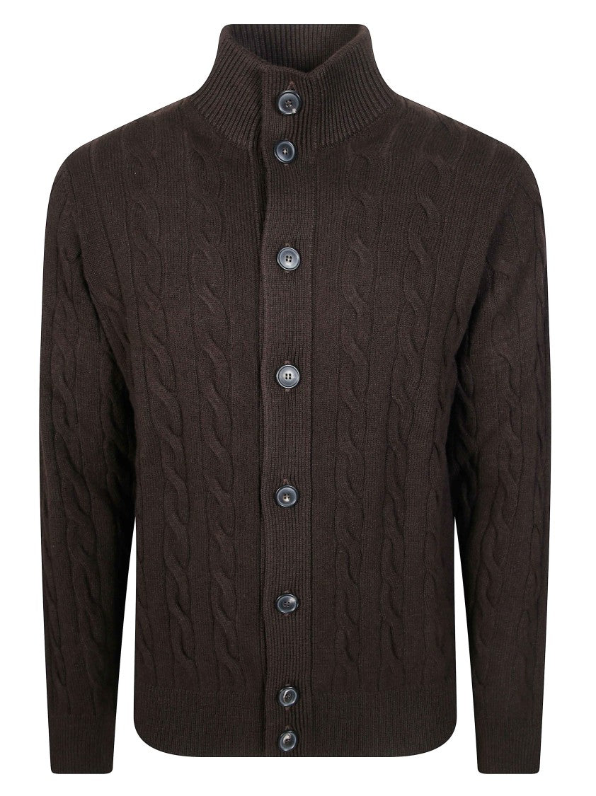 Filippo De Laurentiis Brown Cable Knit Stand-Up Collar Bomber Jacket