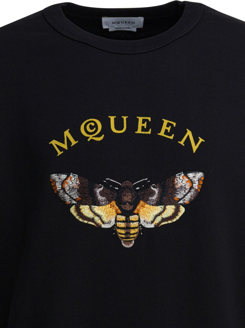 Alexander Mcqueen Black Cotton Sweatshirt With Embroidered Moth Design