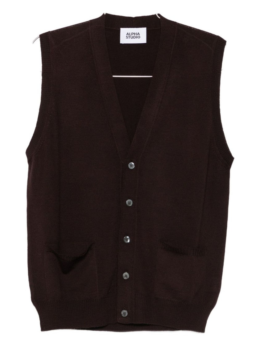 Alpha Studio Sleeveless Brown Merino Wool Cardigan