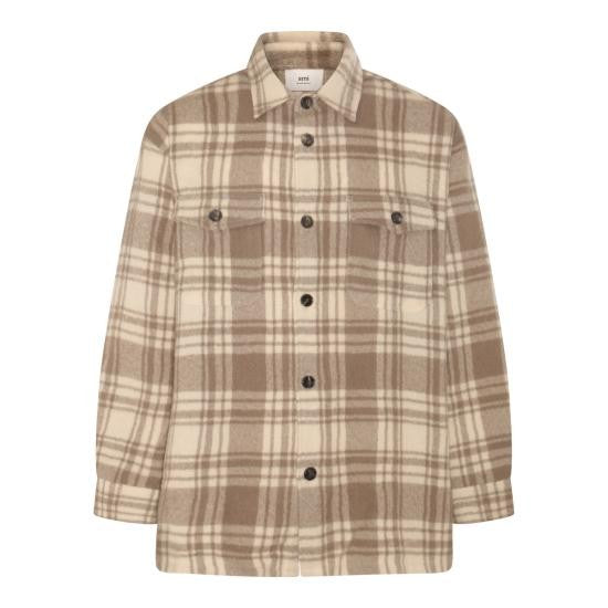 Ami Beige And Cream Plaid Long-Sleeve Shirt With Buttoned Cuffs
