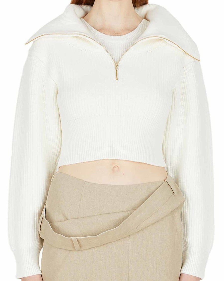 Jacquemus Cropped White Sweater With Wide Folded Collar
