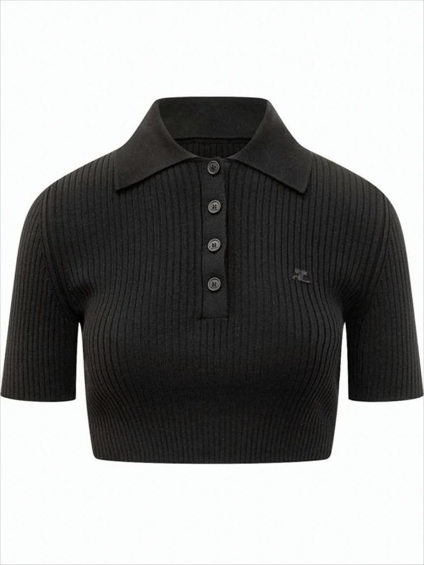 Courrèges Fitted Ribbed Knit Crop Top With Polo Collar