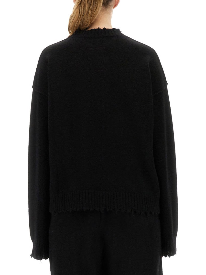 Uma Wang Black Cashmere Sweater With Frayed Details And Relaxed Fit