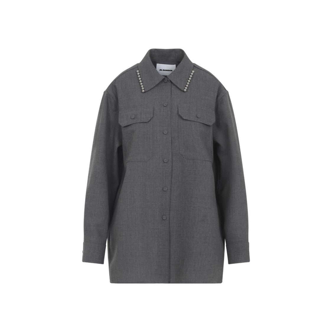 Jil Sander Relaxed Fit Grey Wool Shirt With Pearl Trim And Flap Pockets