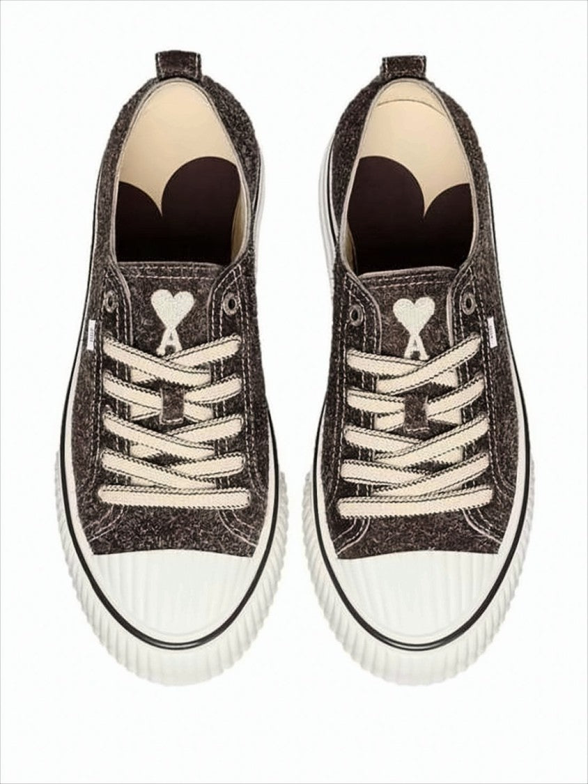 Ami Textured Dark Brown Low-Top Sneakers With Cream Laces And Heart Detail